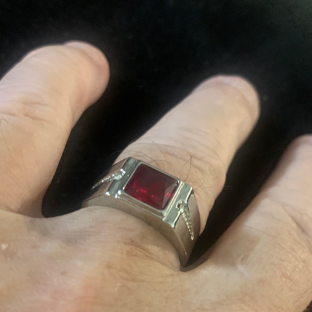 Men's Silver Ring with Red Square Gemstone